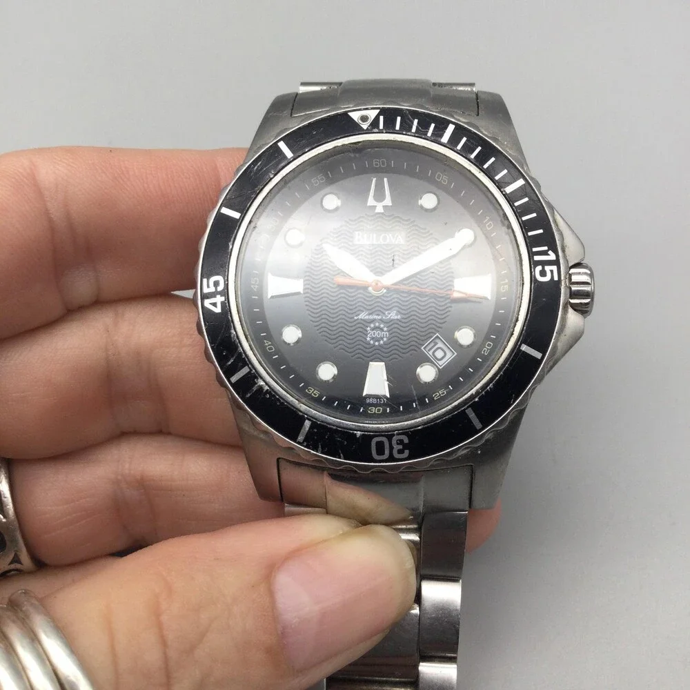 Bulova Marine Star 98B131 Mens Watch 42mm Black Dial Stainless New Battery 8.5